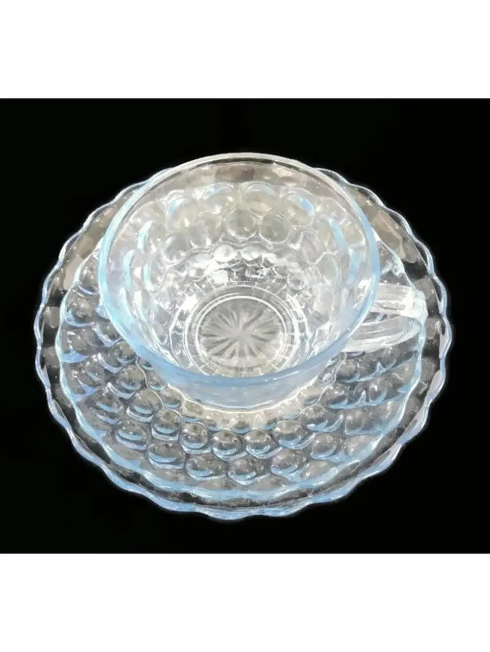 Vintage Anchor Hocking Pale Blue Glassware Set: Bubble Design Tea Cup and Saucer